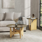 AUZ Round End Table with Brushed Gold Top, Small Wood Side Table for Living Room, Mid Century Accent Table, Natural Wood Base, Space-Saving Nightstand