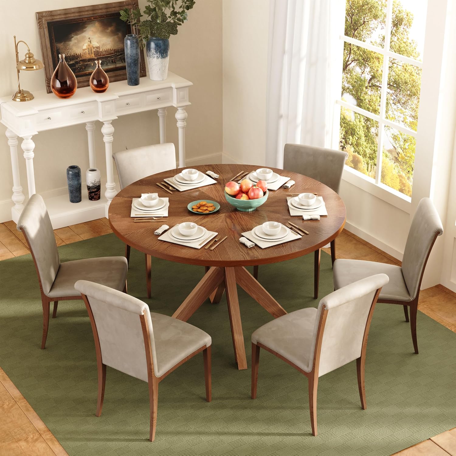 Solid Wood Round Dining Table for 4-6, Wooden Intersecting Pedestal Base, Farmhouse Round Dining Room Table for Home Dining Room, Kitchen, Living Room