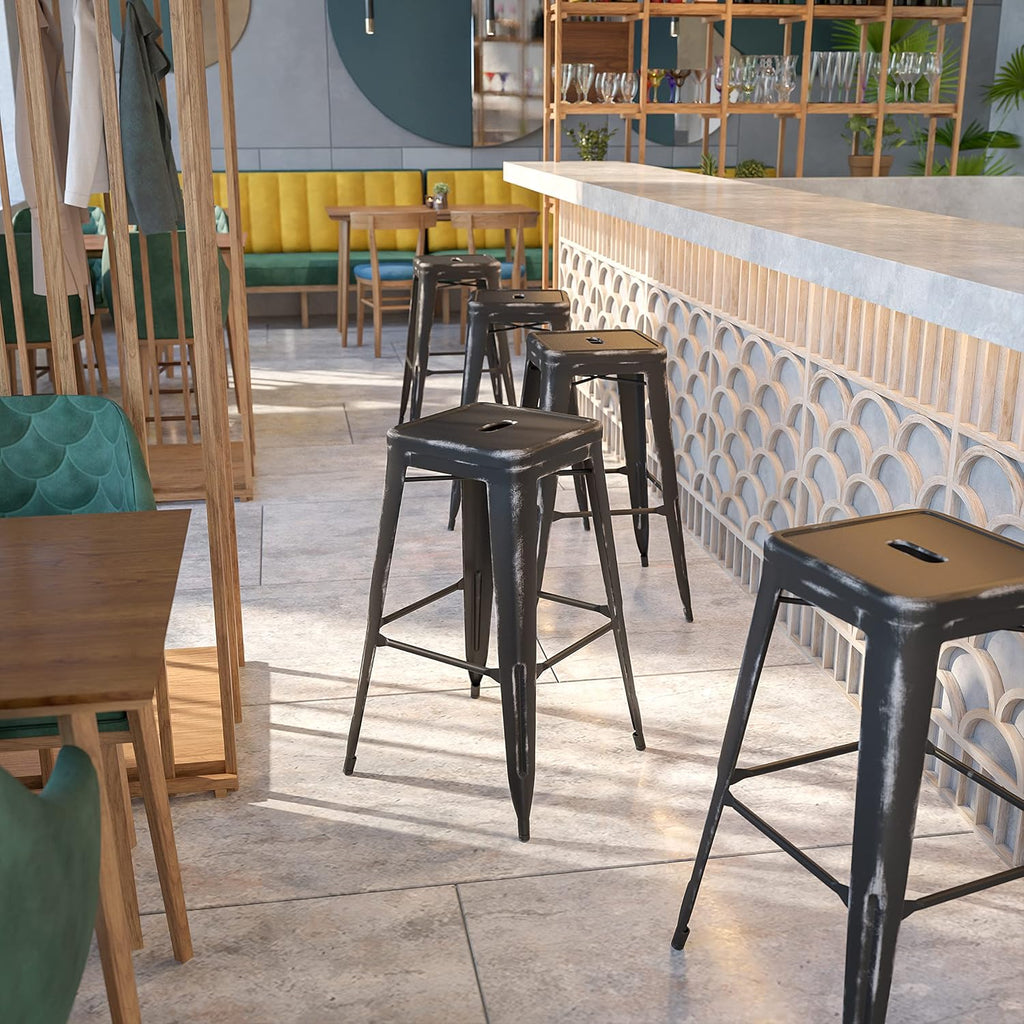 EMMA + OLIVER Commercial Grade 30" H Backless Distressed Black Metal Indoor-Outdoor Barstool