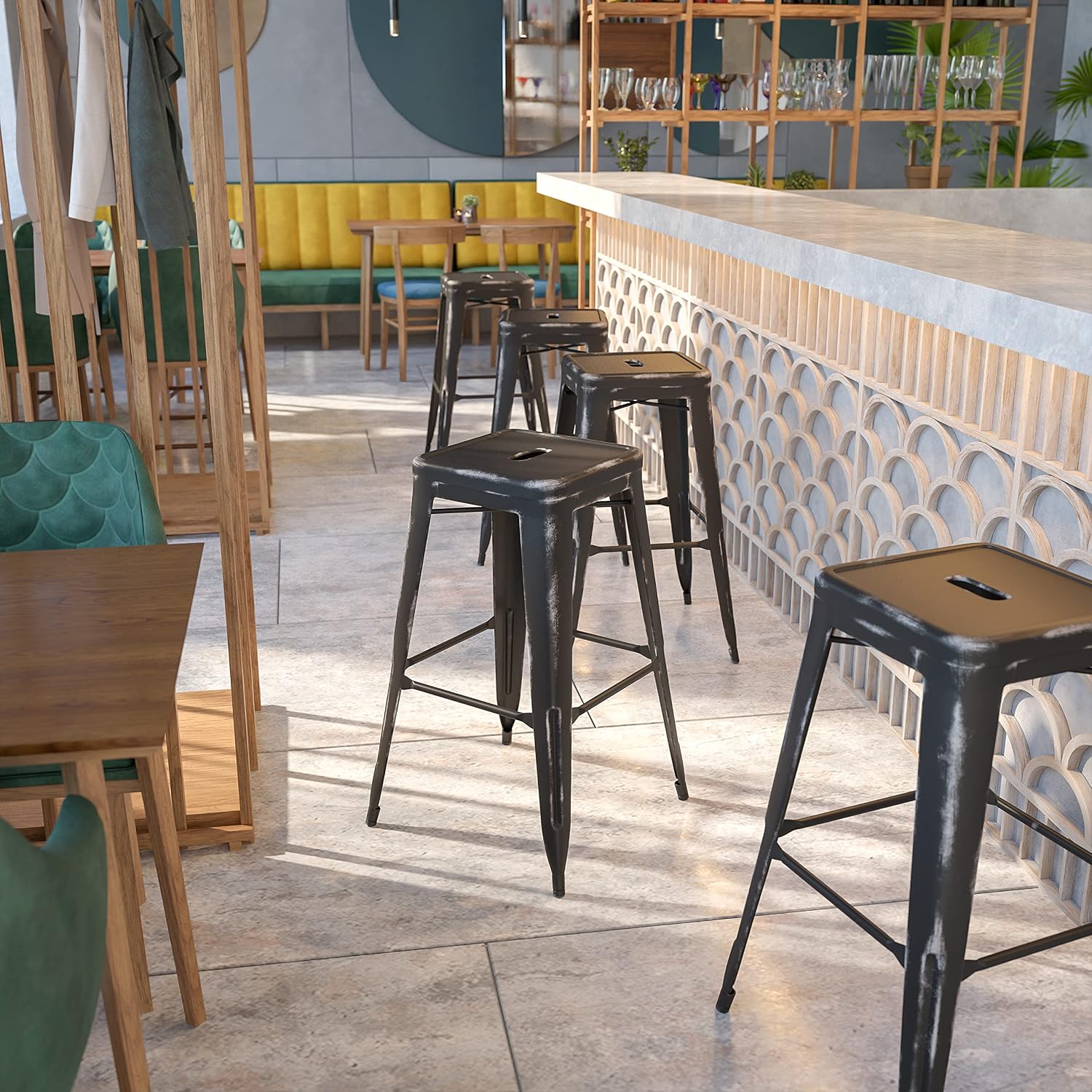 EMMA + OLIVER Commercial Grade 30" H Backless Distressed Black Metal Indoor-Outdoor Barstool