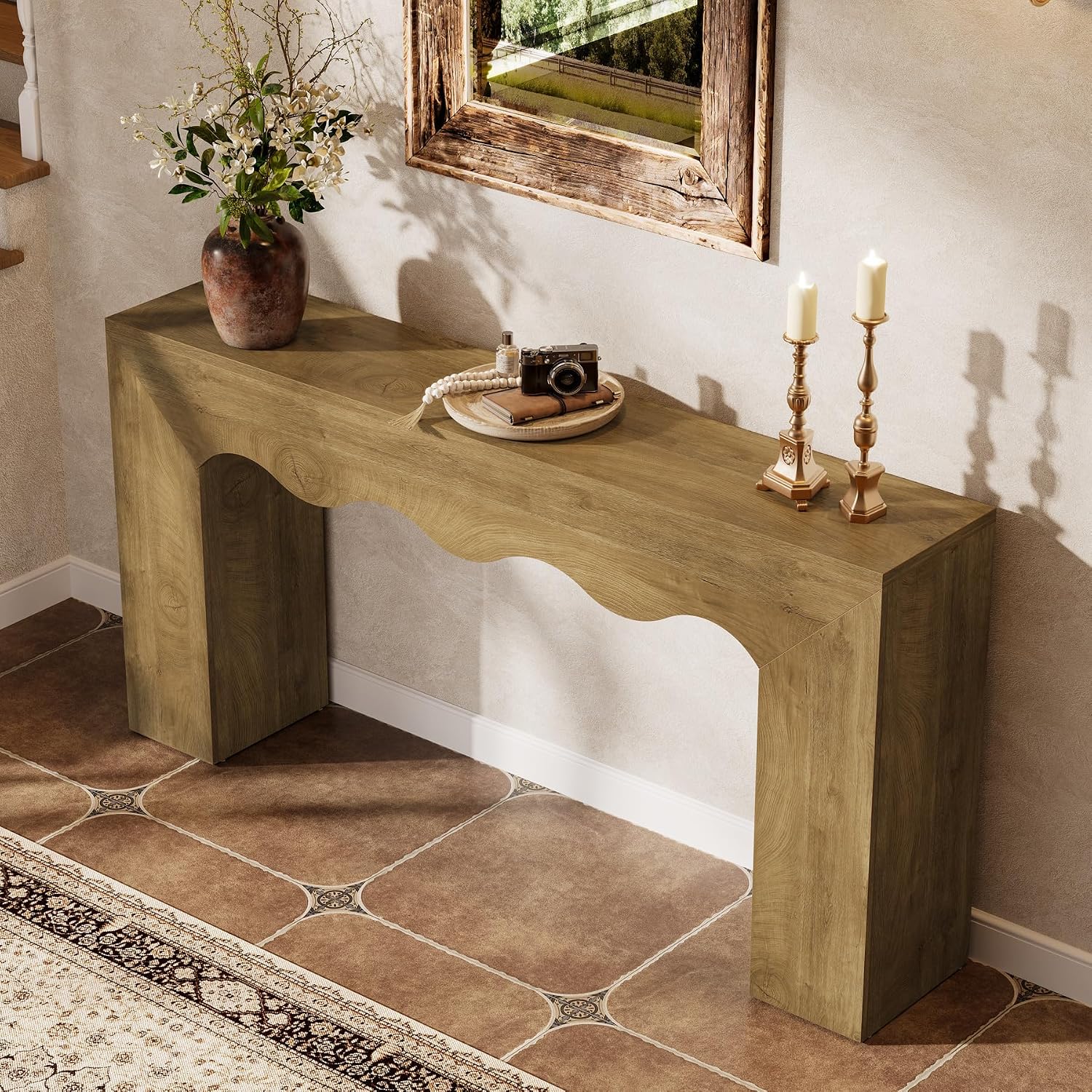 Tribesigns 63" Farmhouse Console Table, Wooden Couch Table Behind Sofa with Storage, Long Entryway Sofa Station, Narrow Console Stand with Base, Hallway Stand for Entryway (1, Light Brown)