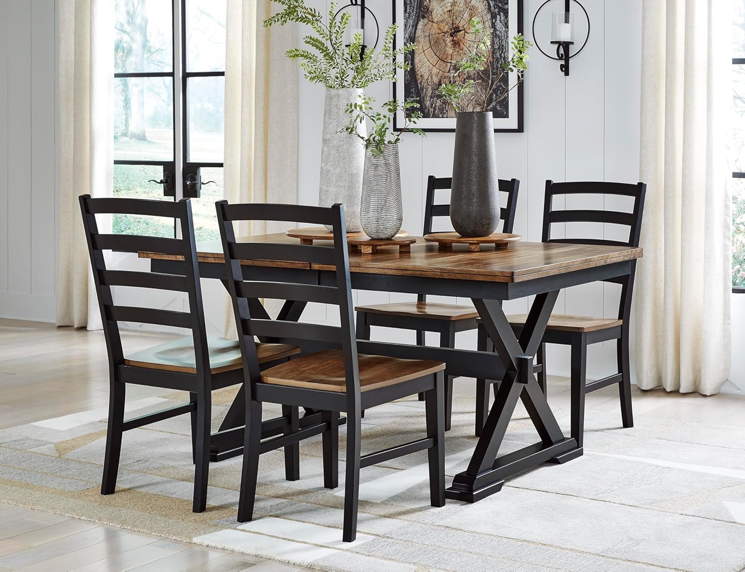 Signature Design by Ashley Wildenauer Dining Chairs Set of 2, Modern Ladderback Dining Chairs with Solid Wood Frame, Two-Tone Finish, Contoured Seat, Black/Brown
