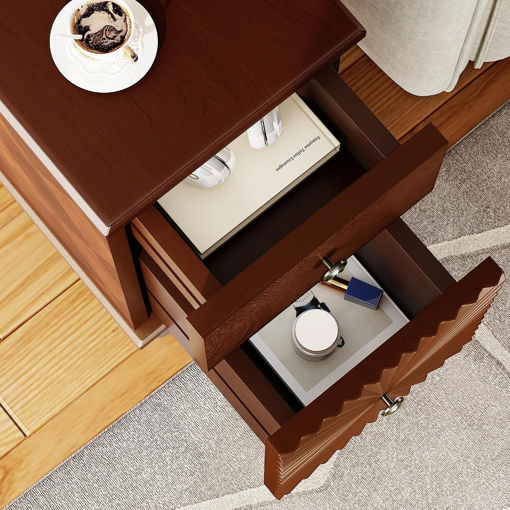 Mid Century Modern Narrow End Table with Charging Station, Skinny Side Table for Living Room, Slim Nightstand Bedside Table with Storage Drawers Sofa Side Table for Small Spaces Bedroom