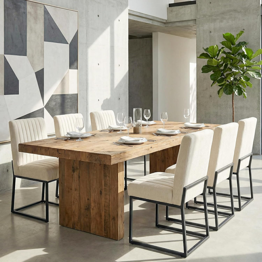 VKNOW Upholstered Dining Chairs Set of 4, Modern Dining Room Chairs with Stripe, Linen Kitchen Chair Dinner Chair with Black Metal Base for Kitchen, Beige