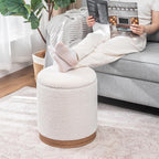 Joveco Round Storage Ottoman with Removable Lid, Boucle Small Upholstered Padded Vanity Foot Rest Stool for Living Room, Bedroom, Dorm, White with Oatmeal Wood Grain Trim