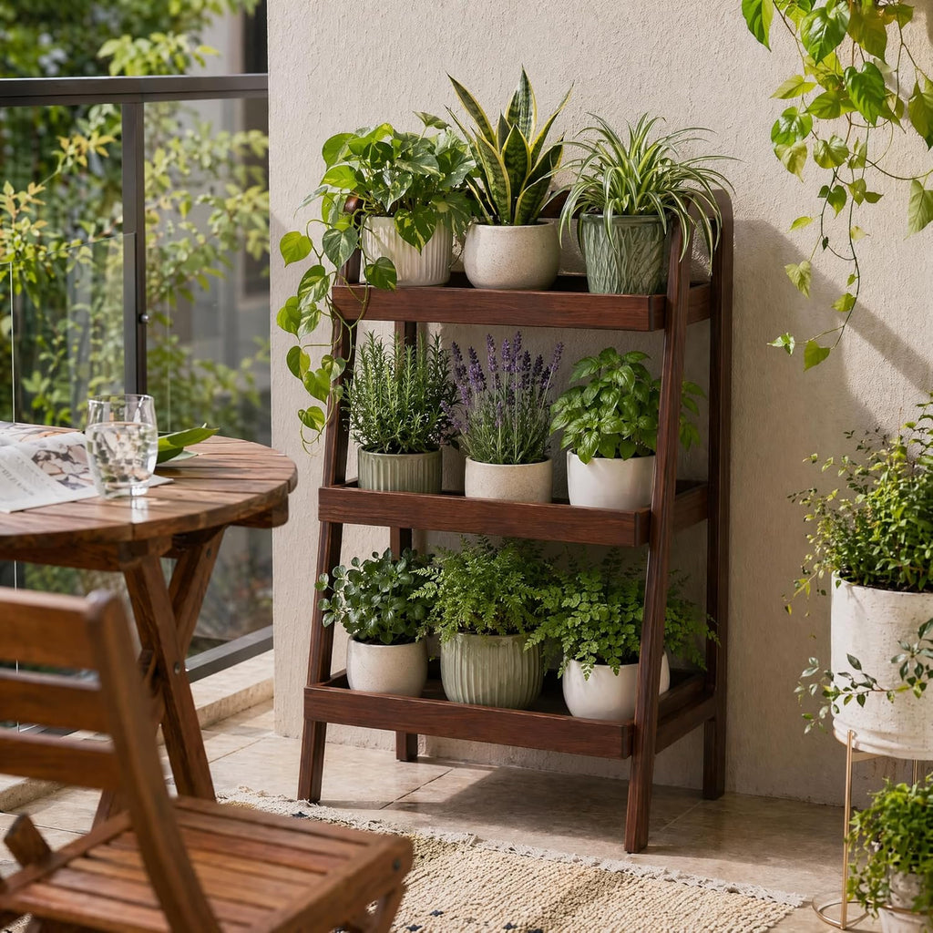 100% Solid Oak 3 Tier Ladder Shelf, Small Bookshelf, Ladder Bookshelf, Bookcase with Stable Frame, Small Table for Living Room Bedroom(Walnut, 12.6" L x 17.72" W x 31.5" H)