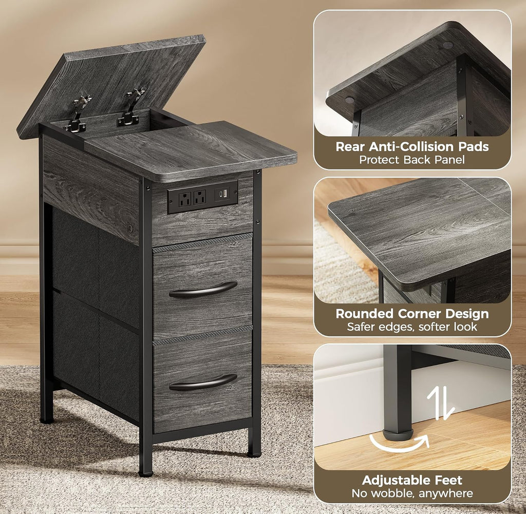Huuger Narrow End Table with Charging Station, Flip Top Side Table with 2 Fabric Drawers, Slim Night Stand with USB-C Port for Small Spaces, Nightstand Bedside Couch Table, Living Room, Grey