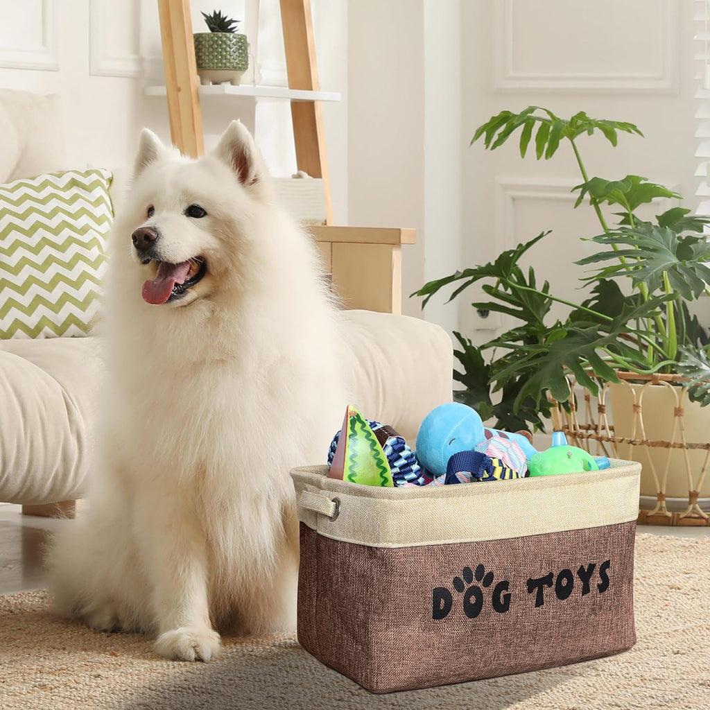 PET ARTIST Dog Toy Basket, Collapsible Dog Toy Bin Box, Large Pet Toy Storage Organizer with Comfortable Handles for Accessories, Toys, Coat & Clothing, Blanket & Leash, Brown-1, 15"x11"x9"