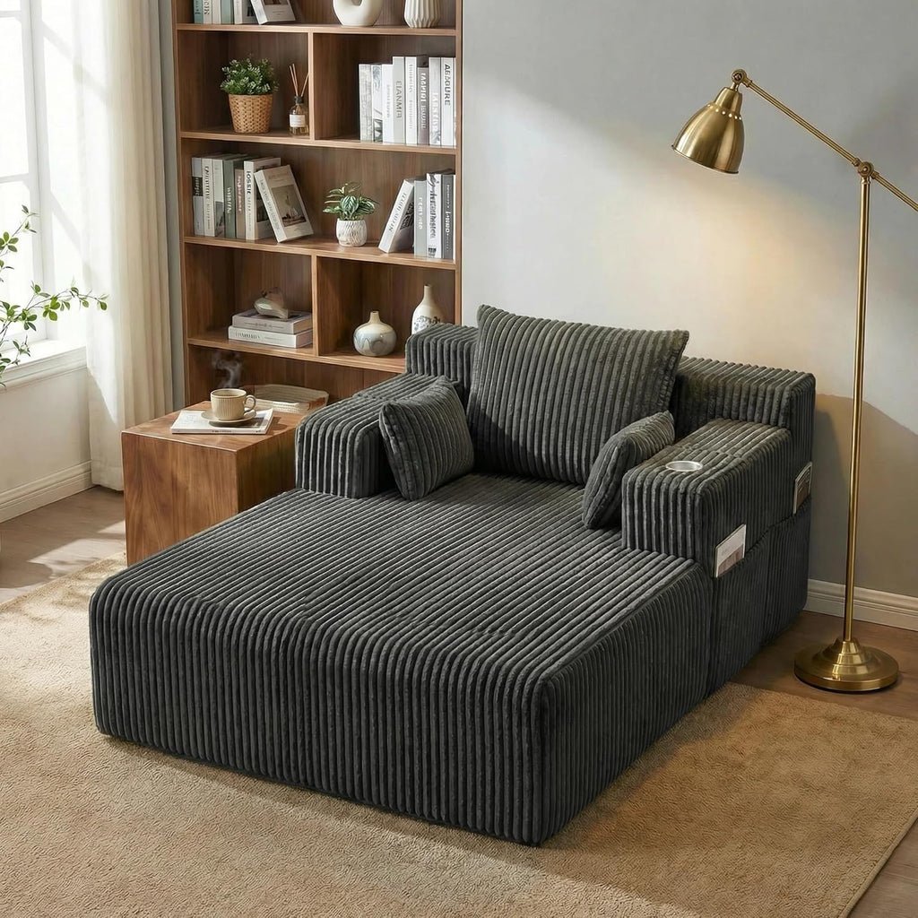 Furnimart 66" Oversized Chaise Lounge Indoor, Upholstered Sofa Bed with 1 Cup Holders & 4 Side Pockets, No Assembly Required Corduroy Reading Chair, Small Couches for Small Spaces, Grey