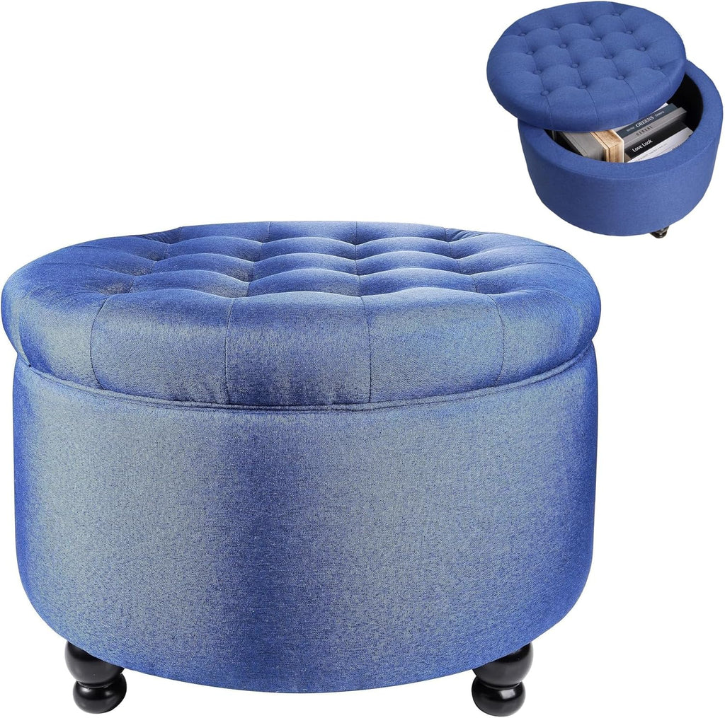 Elevon Large Button Tufted Accent Round Storage Ottoman Upholstered Ottoman with Storage for Living Room & Bedroom, 24.4" x 24.4" x 16.9", Navy Blue