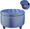 Elevon Large Button Tufted Accent Round Storage Ottoman Upholstered Ottoman with Storage for Living Room & Bedroom, 24.4" x 24.4" x 16.9", Navy Blue