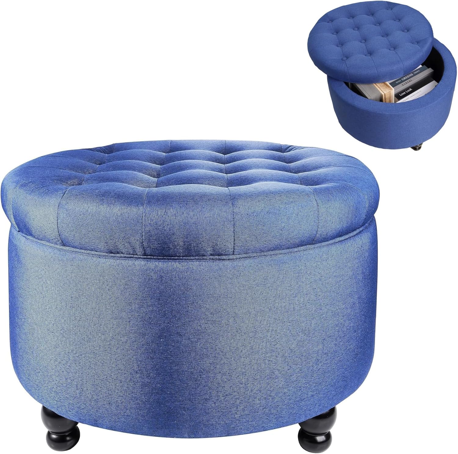 Elevon Large Button Tufted Accent Round Storage Ottoman Upholstered Ottoman with Storage for Living Room & Bedroom, 24.4" x 24.4" x 16.9", Navy Blue