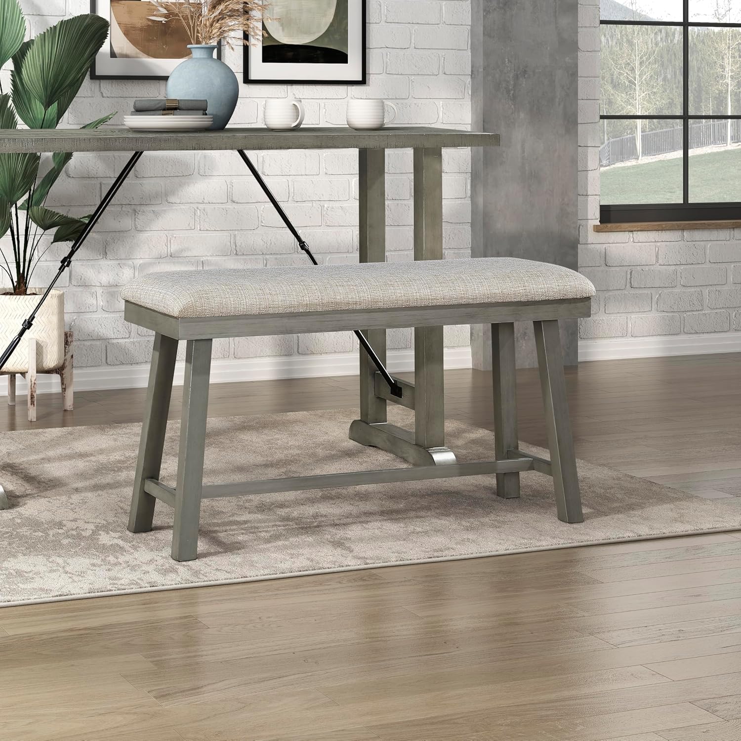Lexicon Counter Height Bench for Dining Room Table, 41.5" Wood Bench with Grey Padded Seat for Home and Kitchen, Indoor Wooden Bench for Dining Room, Kitchen Bench, Dining Bench, Easy Assembly, Grey