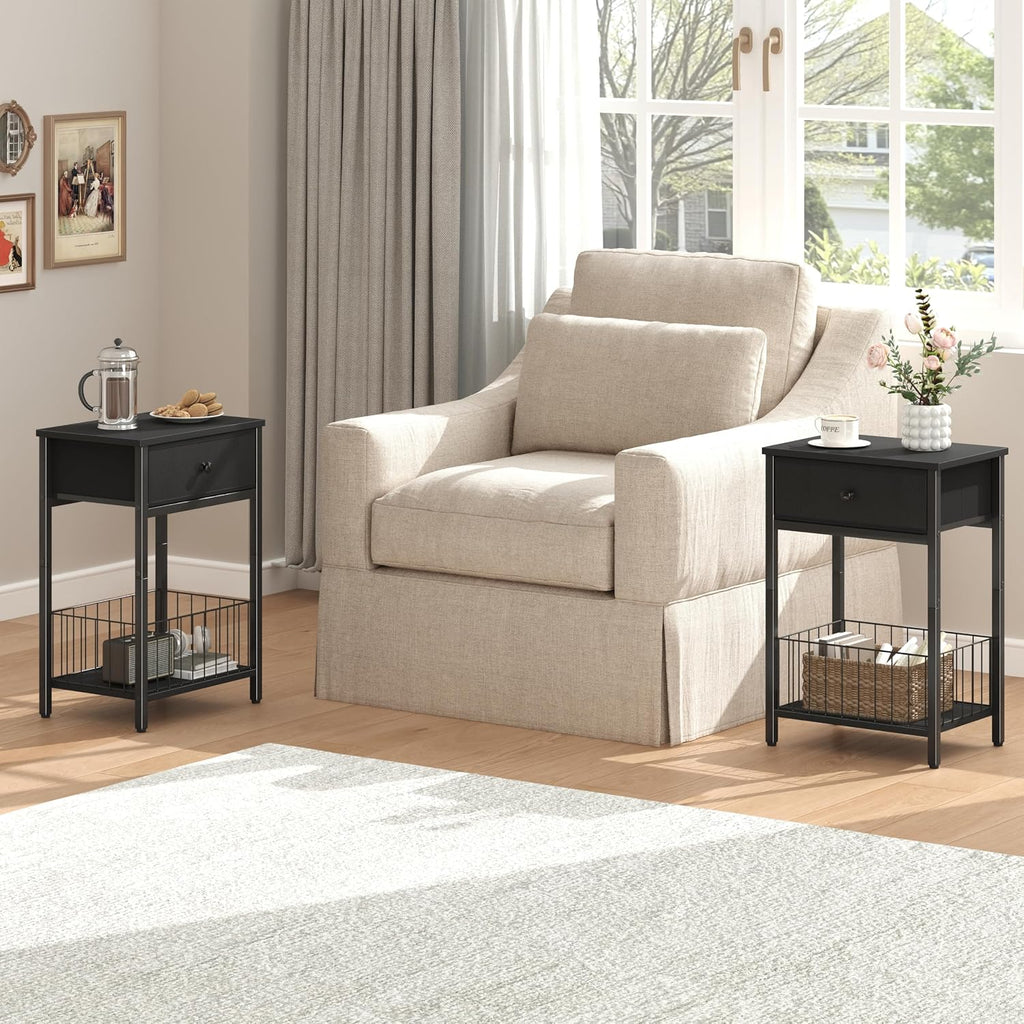 Small nightstand, Bed Side Tables Bedroom, Black Side Table, end Table with Drawer, one Drawer nightstand, Black end Table LNT0061BK