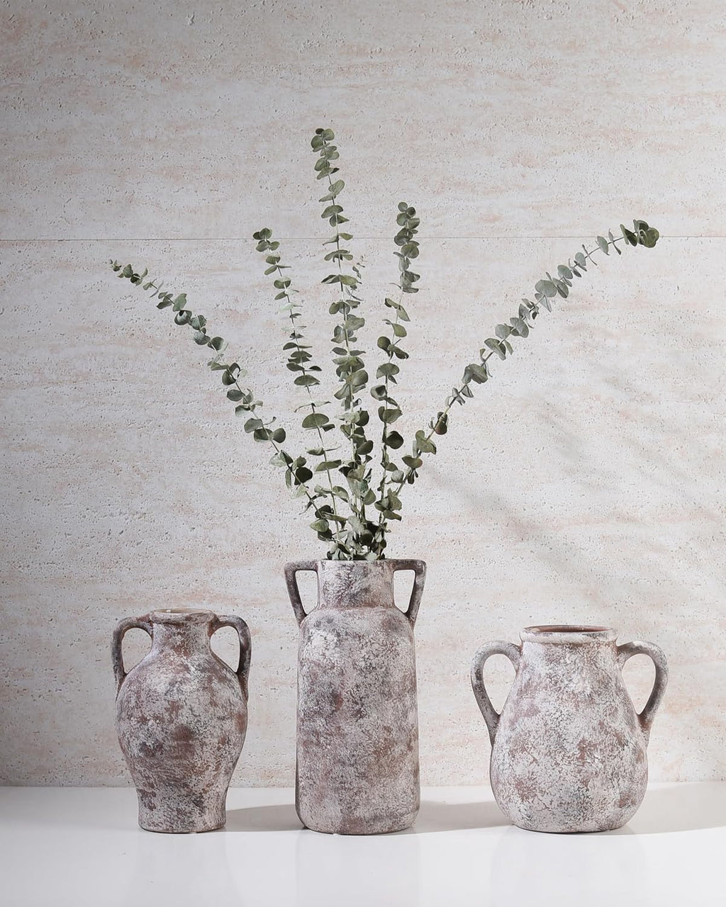 Ceramic Vase Set of 3, Handmade Rustic Farmhouse Vases with Handles, Glazed Interior, Aged Terracotta Finish, Boho Home Decor for Table, Shelf, Mantel, Flower Arrangement