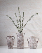 Ceramic Vase Set of 3, Handmade Rustic Farmhouse Vases with Handles, Glazed Interior, Aged Terracotta Finish, Boho Home Decor for Table, Shelf, Mantel, Flower Arrangement