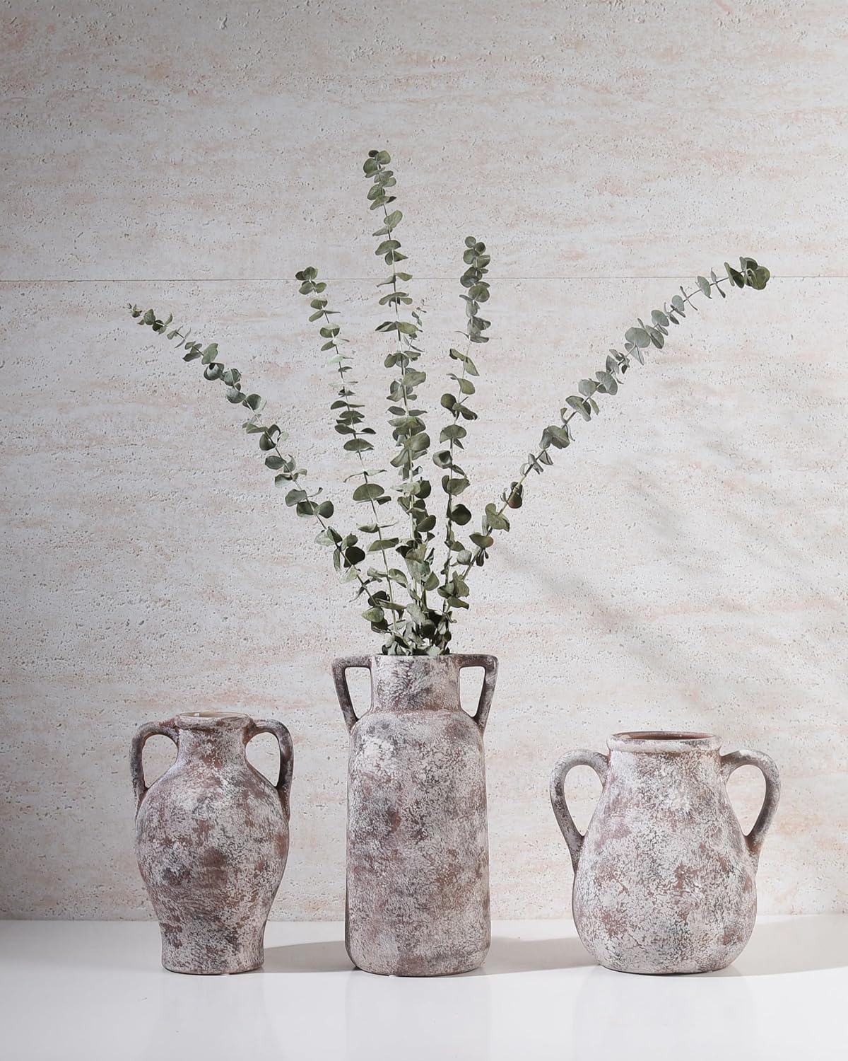 Ceramic Vase Set of 3, Handmade Rustic Farmhouse Vases with Handles, Glazed Interior, Aged Terracotta Finish, Boho Home Decor for Table, Shelf, Mantel, Flower Arrangement