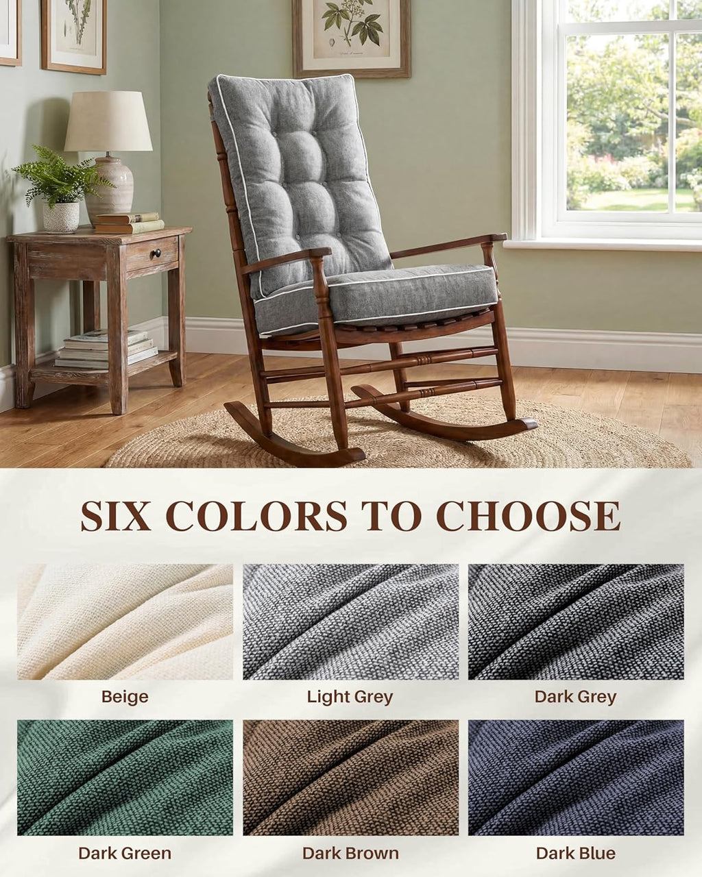 Rocking Chair Cushions Indoor, 5-inch Thicken Seat Cushion with Memory Foam Non-Slip Tufted Chair Pads Set of Seat & Back Cushion for Outdoor Rocker Living Room, Light Grey, 22x17x5/17x17x5