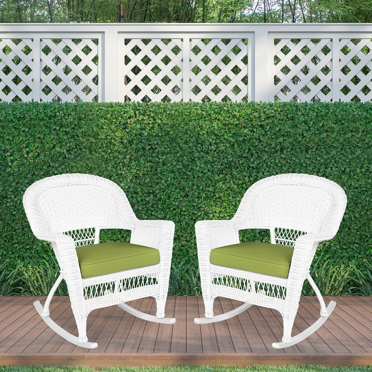Jeco Rocker Wicker Chair with Green Cushion, Set of 2, White