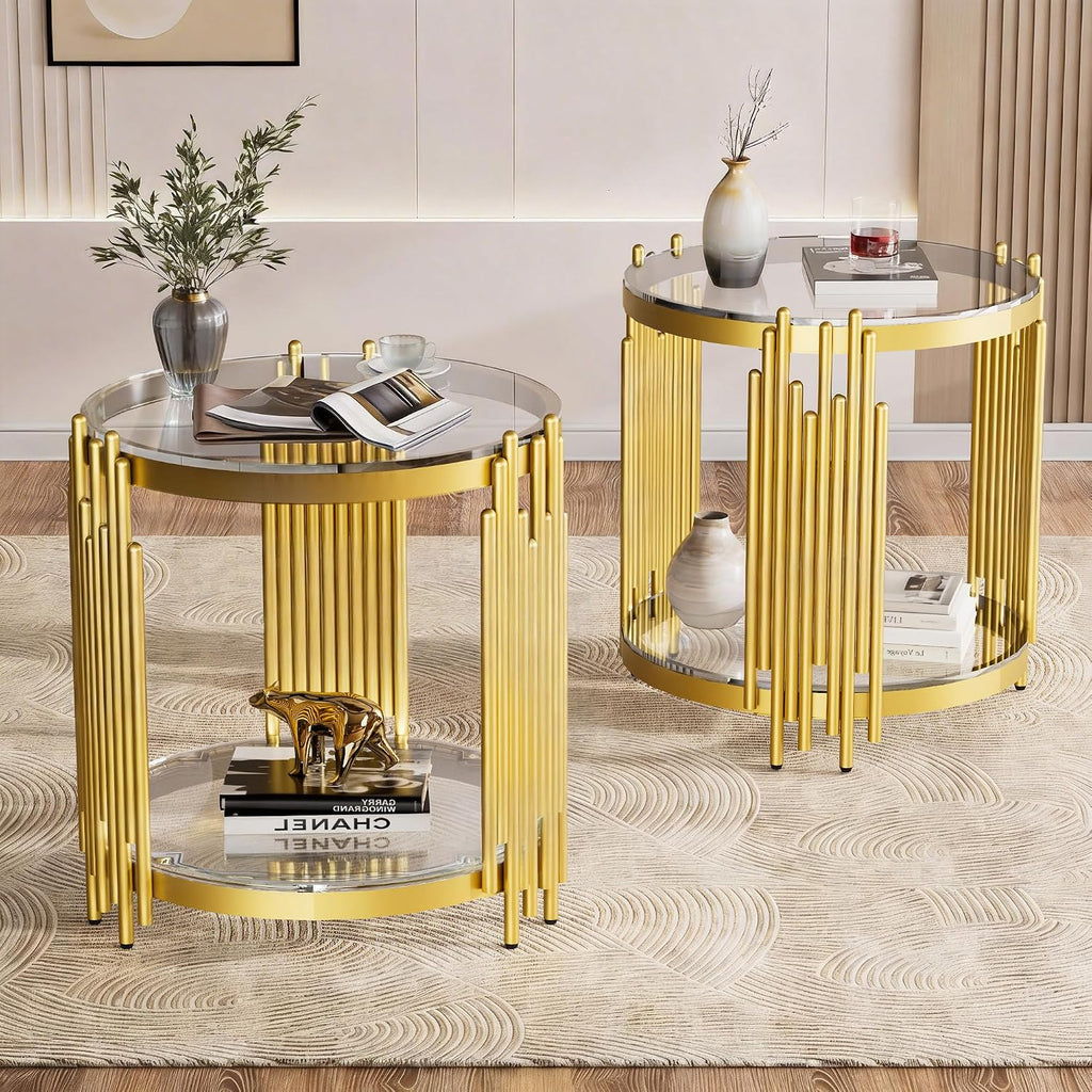 Luxury Gold Round Glass End Table Set of 2, 19.7" Modern Side Table with Stainless Steel Irregular Leg Clear Tempered Glass Tabletop, Accent Furniture for Living Room, Clear