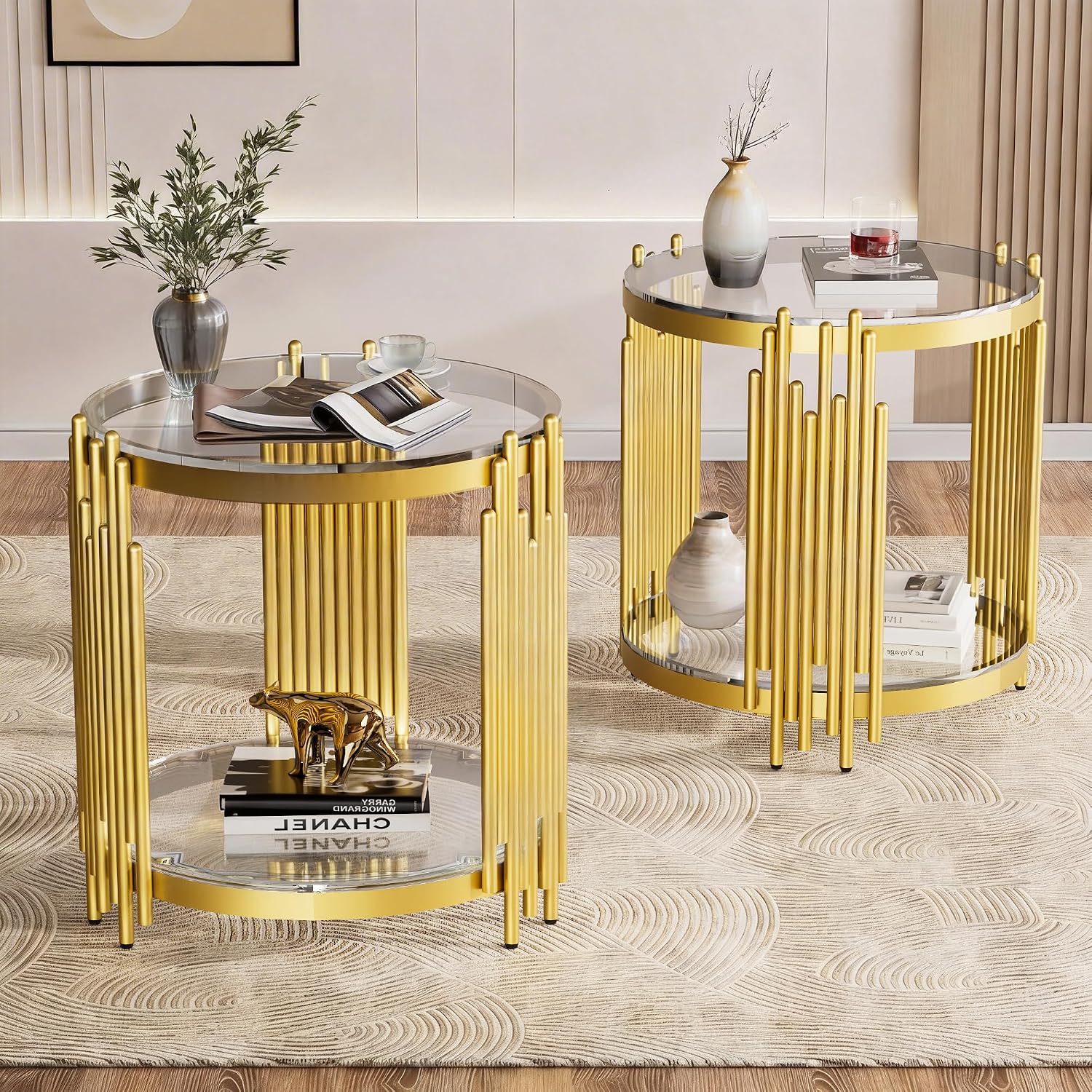 Luxury Gold Round Glass End Table Set of 2, 19.7" Modern Side Table with Stainless Steel Irregular Leg Clear Tempered Glass Tabletop, Accent Furniture for Living Room, Clear