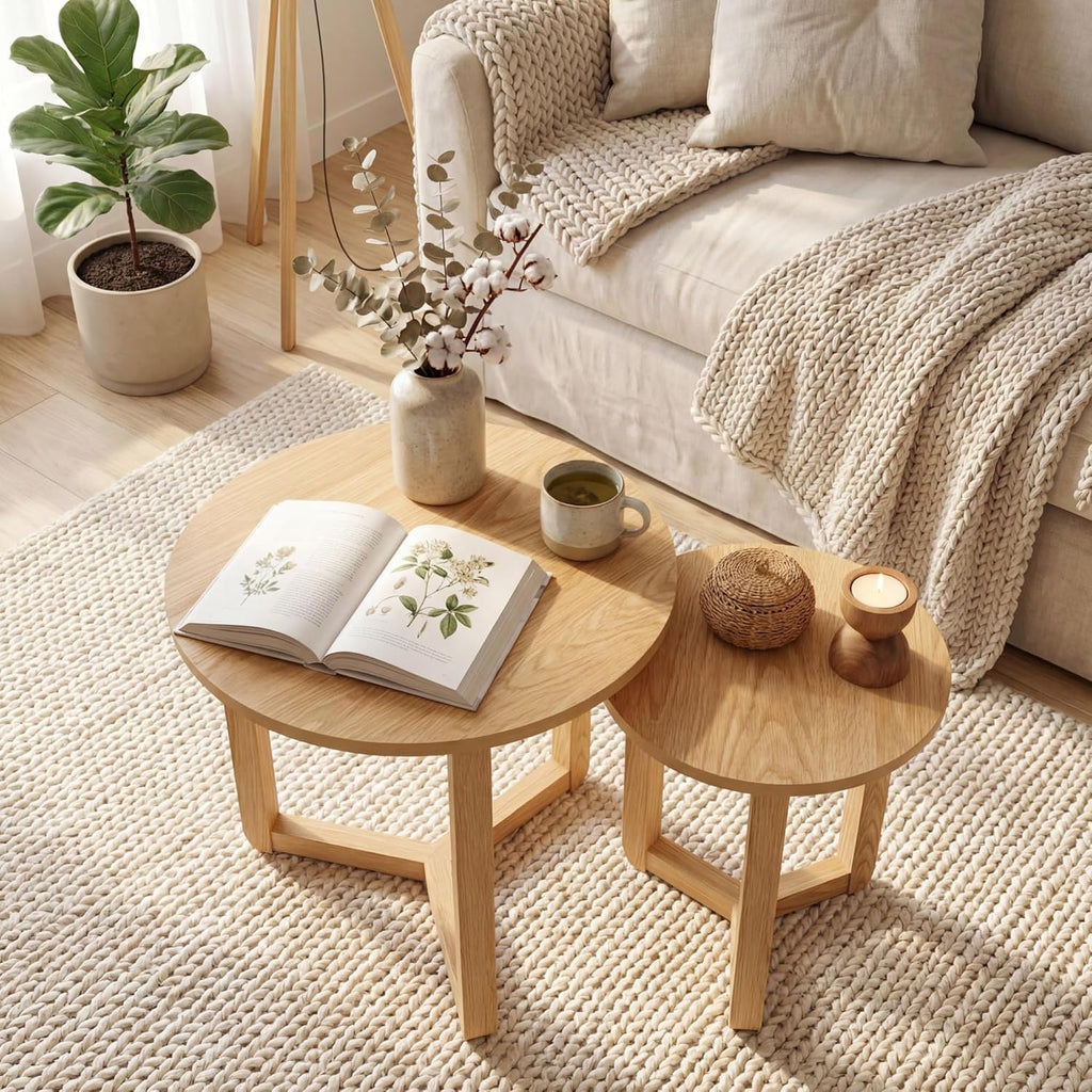Tangkula Round Nesting Coffee Table Set of 2, Farmhouse End Tables with Solid Rubber Wood Tripod Legs, Compact Sofa Side Tables for Living Room Bedroom Small Spaces (Natural)