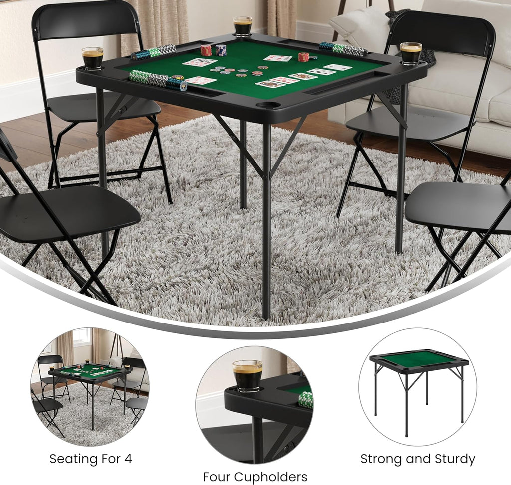 Flash Furniture Silas 34.5" Square Folding Card Table with Green Felt Playing Surface and Cup Holders, Portable Folding Game Table for 4 Players, Black/Green