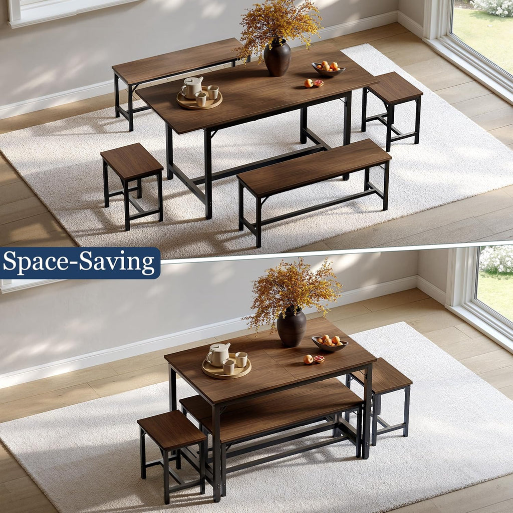 Tatub 5-Piece Dining Table Set for 4-8, 63" Extendable Dining Room Table with 2 Benches and 2 Square Stools, Space Saving Rectangle Kitchen Table Set for Breakfast Nook and Small Space, Walnut