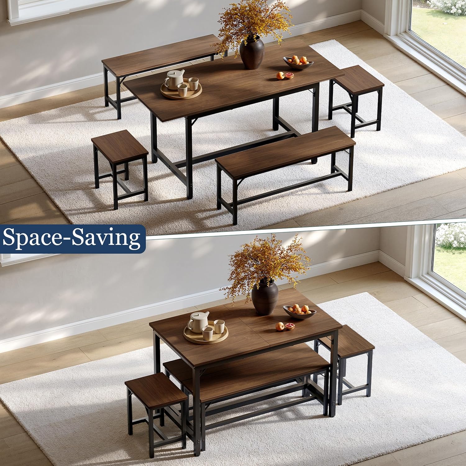 Tatub 5-Piece Dining Table Set for 4-8, 63" Extendable Dining Room Table with 2 Benches and 2 Square Stools, Space Saving Rectangle Kitchen Table Set for Breakfast Nook and Small Space, Walnut