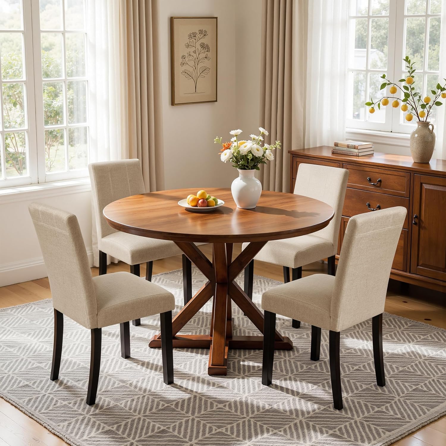 Wooden Dining Chairs Set of 4, Modern Farmhouse Upholstered Dining Room Chairs with Solid Wood Legs, Comfy Kitchen Chairs for Living Room/Restaurant, Oatmeal
