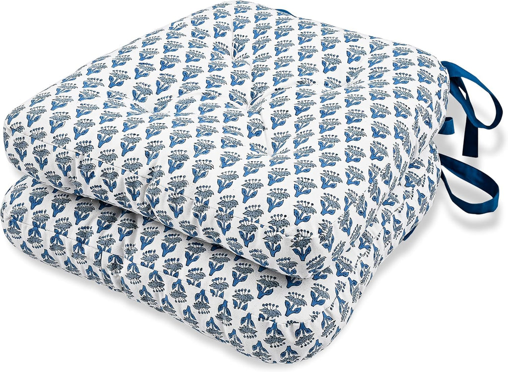 CPC Apatite Blue Hand Block Printed Cotton Chair Cushions Set of 2,Reversible Outdoor/Indoor Chair Pads for Kitchen, Dining Room, Office, Patio Chairs, 16"x15"x4"