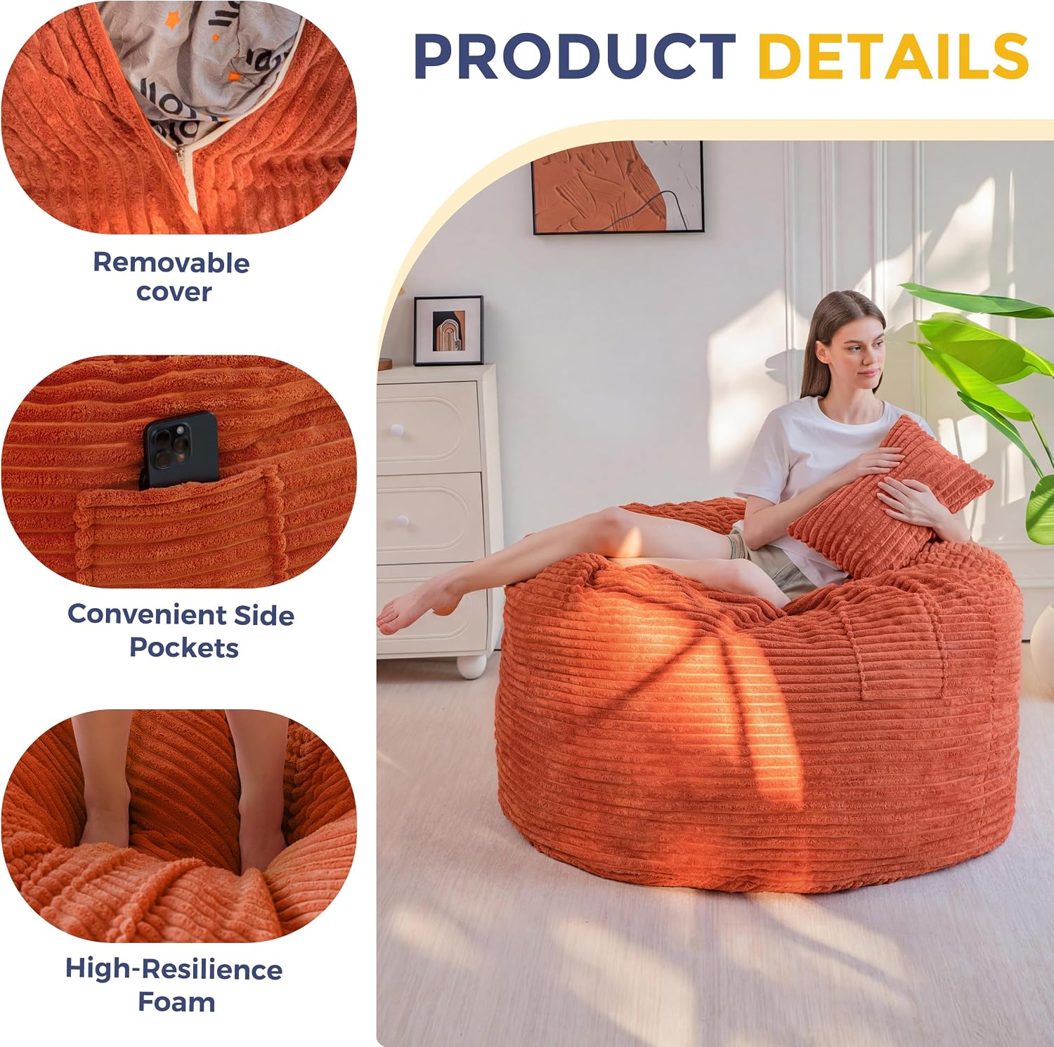 MAXYOYO Giant Bean Bag Chair Bed with Pillow, Convertible Beanbag Sofa to Floor Bed, Lazy Chair Couch with Removable Cover, High-Density Shredded Foam Filling, Cozy Lounge for Bedroom Living Room