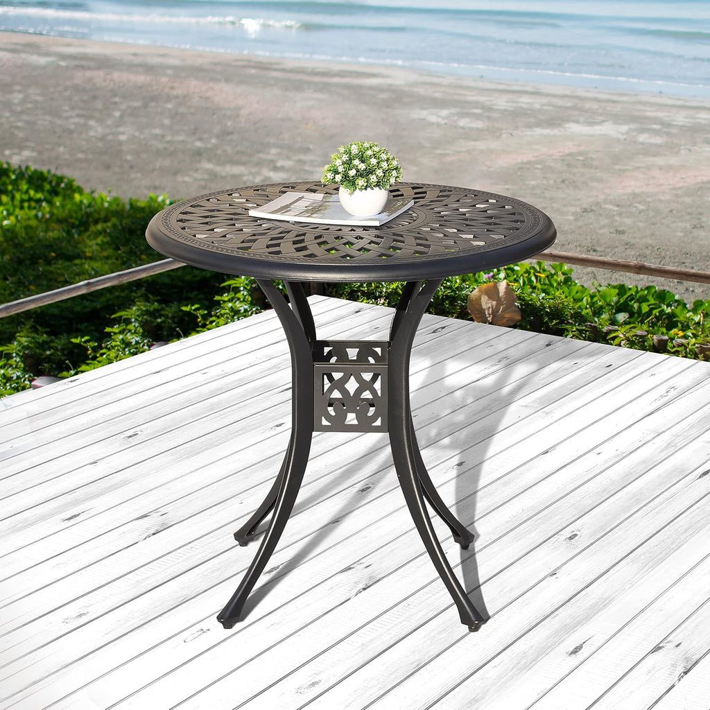 NUU GARDEN 30 Inch Patio Dining Table, Cast Aluminum Round Outdoor Table with Umbrella Hole for Patio, Backyard, Deck-Black