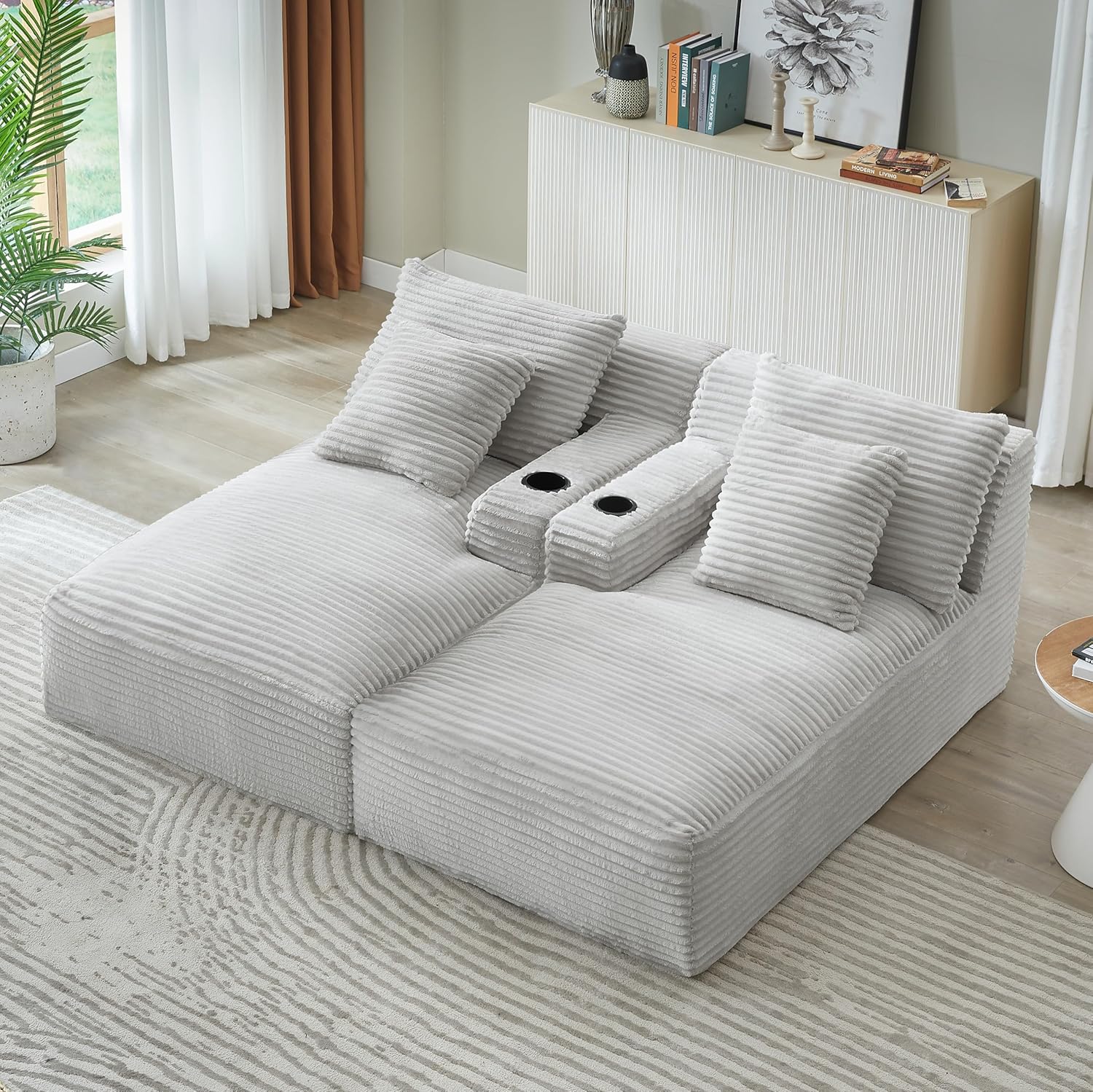 Eafurn Oversized Double Chaise Lounge Indoor with Cup Holders & Side Pocket, 71" Plush Corduroy Boneless Chaise Lounge Sofa with High Density Sponge & Deep High Seat Comfy Sleeper Couch Bed