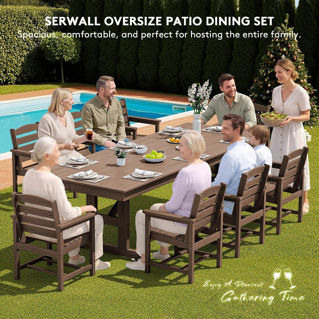 SERWALL Outdoor 84" HDPE Dining Table with Umbrella Hole for 6-8, Brown | 9-piece HDPE 84" dining table, Ideal for Outdoor Gathering