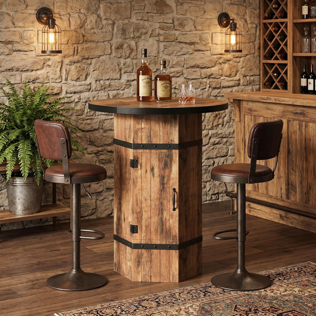 Round Bar Table with Hidden Storage, 39.4" H Bar Height Pub Table with Sturdy Barrel-Inspired Base, Rustic Industrial Bistro Cocktail Table for Pub, Kitchen, Home Bar, Apartment (Table Only)