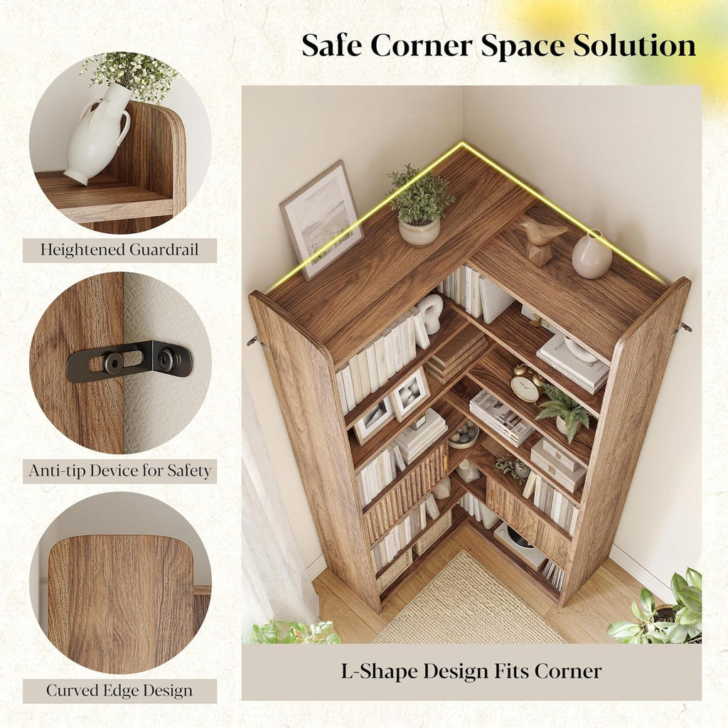 DurayLoly 75" Tall Corner Bookshelf, 7 Tiers Wood Bookcase with 2 Enclosed Storage Cabinet, Adjustable Corner Cabinet for Living Room, Home Office, Bedroom, Kitchen, Brown