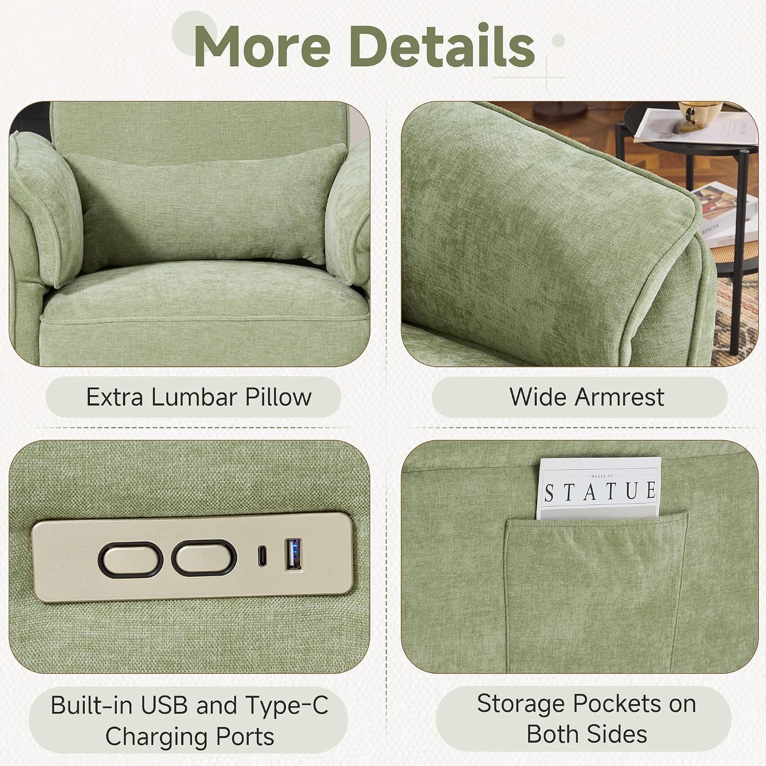 MELLCOM Power Recliner Rocking Chair Nursery Gliders with Adjustable Armrests and Headrest, Swivel Electric Glider Reclining Nursing Chair with USB Port and Storage Bags, FSC Certified(Fabric, Green)