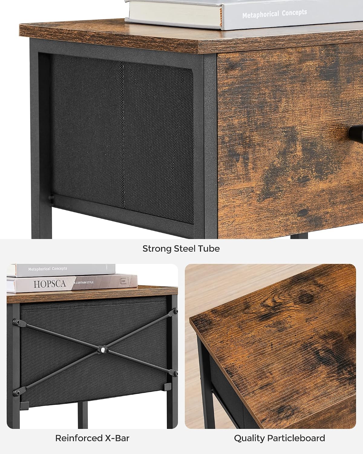 VASAGLE Nightstands, Set of 2 Side Tables with Fabric Drawer, 24-Inch Tall End Tables with Storage Shelf, Bedroom, Rustic Brown and Black ULGS221B01V1