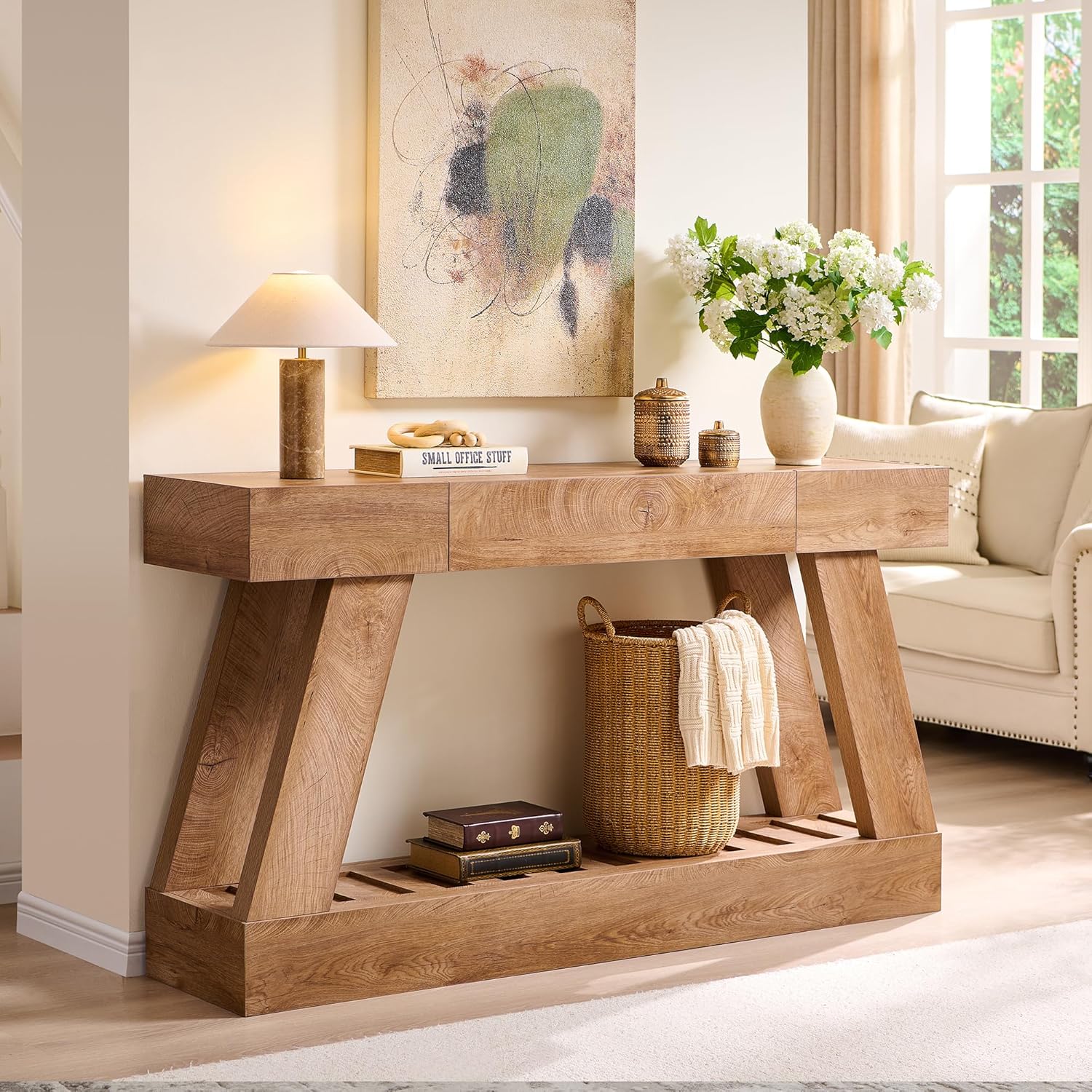 60" Farmhouse Entryway Table with Drawer, Wooden Hallway Foyer Table with Heavy Duty Base, Sofa Table for Living Room(Light Knotty Oak)