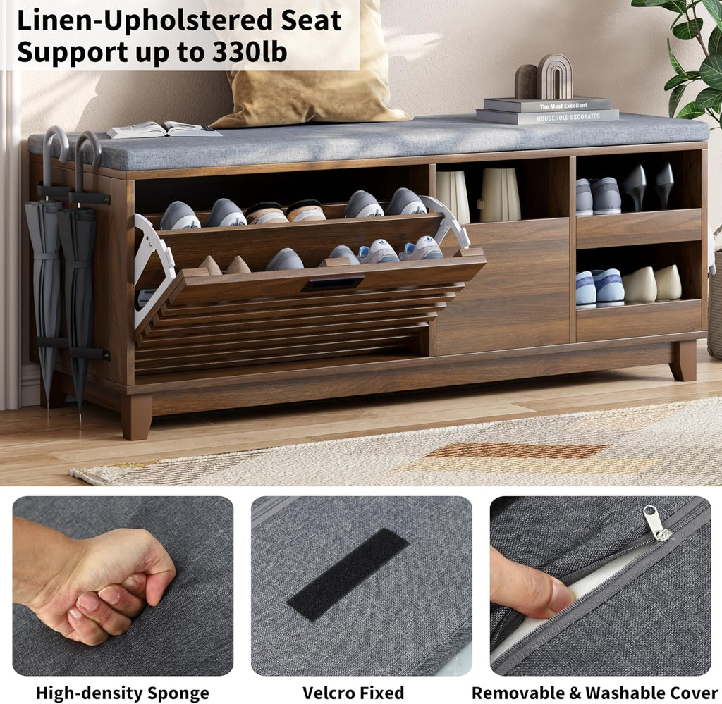 Loomie 47.2" Shoe Storage Bench with Flip Drawer, 2-Tier Entryway Bench with Padded Seat Cushion & 2 Pull-out Shelves & Semi-open storage, Shoe Rack Bench with Side Holder for Hallway,Bedroom (Walnut)