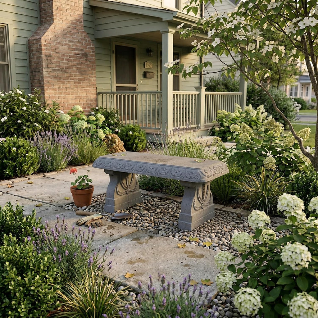 Basalt Grey Garden Bench - Outdoor Benches Weatherproof - Front Porch Seating for Patio Yard - Outdoor Seat Backless Decorative Pedestal Garden Furniture - Realistic Stone Look - Concrete Look