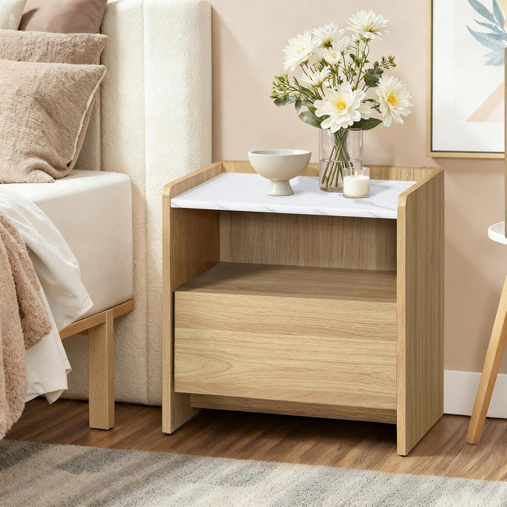LuxenHome Nightstand with Drawer and Shelf, 18.8'' Wood Japandi Modern Accent End Table with Faux Marble Top, Night Stand with Rounded Corner, Small Bedside Table with Storage for Bedroom,Living Room