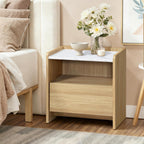 LuxenHome Nightstand with Drawer and Shelf, 18.8'' Wood Japandi Modern Accent End Table with Faux Marble Top, Night Stand with Rounded Corner, Small Bedside Table with Storage for Bedroom,Living Room