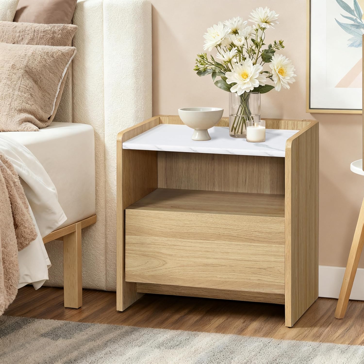LuxenHome Nightstand with Drawer and Shelf, 18.8'' Wood Japandi Modern Accent End Table with Faux Marble Top, Night Stand with Rounded Corner, Small Bedside Table with Storage for Bedroom,Living Room