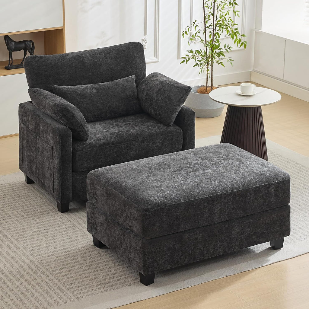 WUTUTUEE 57.5" Oversized Chaise Lounge with Ottoman Indoor, Grey Reading Chair with Ottoman & Sofa Bed, Chenille Upholstered Comfy Sleeper Chair for Living Room, Bedroom, Office