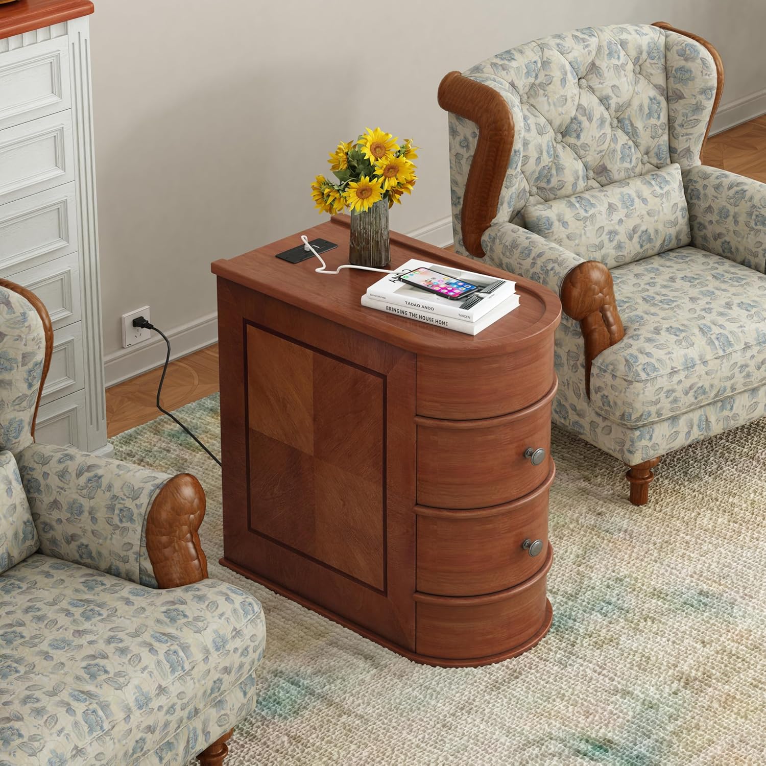 Narrow End Table with Charging Station, Vintage Slim Sofa Side Table & Nightstand with 2 Drawers, Compact Wood Storage for Living Room Bedroom Small Spaces, Fully Assembled, Brown