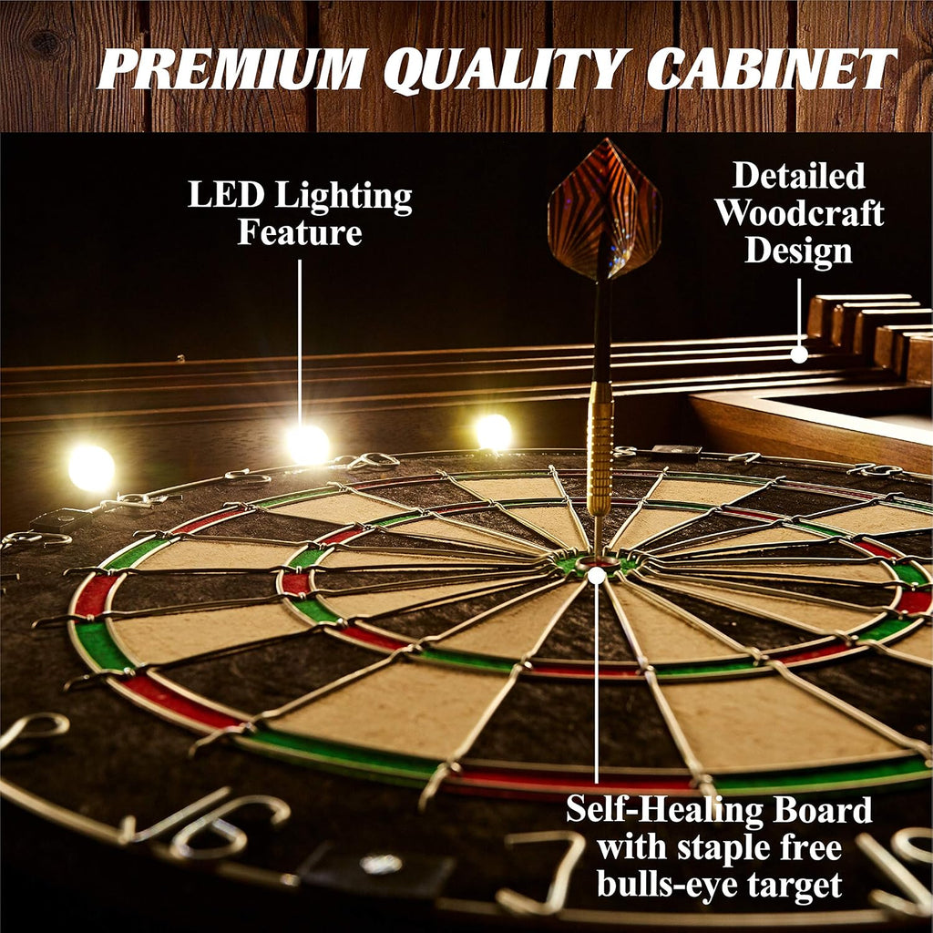 Barrington Woodhaven Dartboard Pub Style with LED Lights, Pre-Assembled | Pre-Assembled LED Pub-Style Dartboard Cabinet With 18" Sisal Board, 6 Steel Tip Darts, And Built-In Dry-Erase Scoreboards.