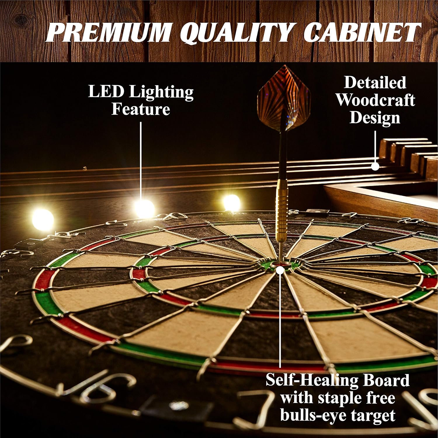 Barrington Woodhaven Dartboard Pub Style with LED Lights, Pre-Assembled | Pre-Assembled LED Pub-Style Dartboard Cabinet With 18" Sisal Board, 6 Steel Tip Darts, And Built-In Dry-Erase Scoreboards.