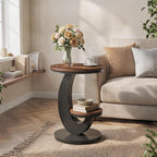 Tribesigns Round End Table with 2-Tier Shelf Storage,C Shaped Wood Side Table for Couch with Metal Frame,Modern Nightstand Accent Table for Living Room,Bedroom,Small Space (Brown)